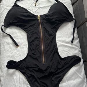 Chic Black One Piece Swimsuit with Gold Zipper New